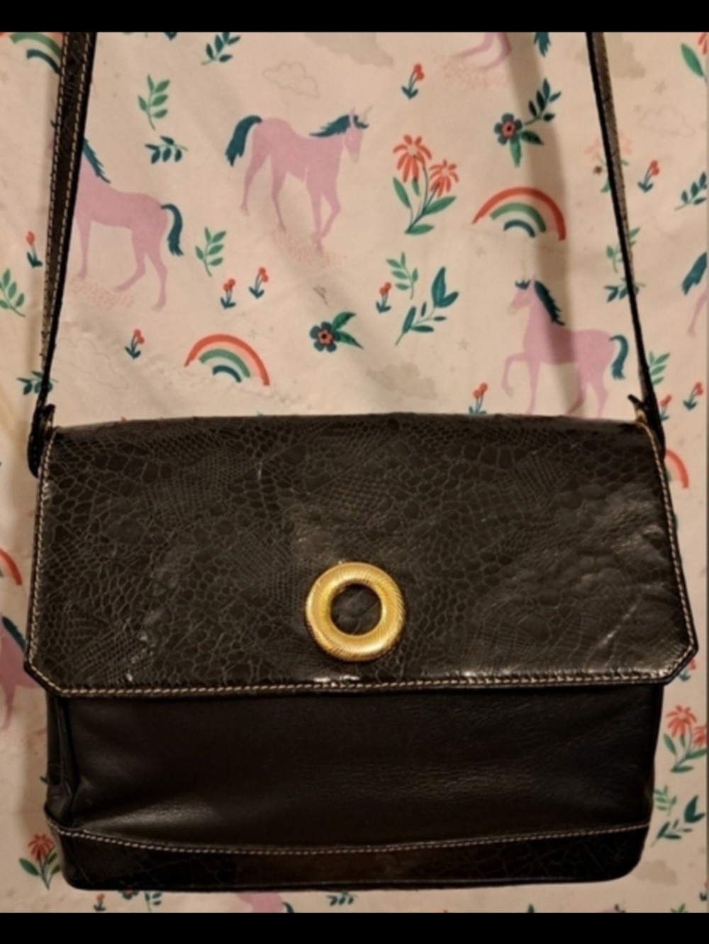 Vintage Bettina Liano Black Snake Embossed Italian Leather Crossbody Purse Bag